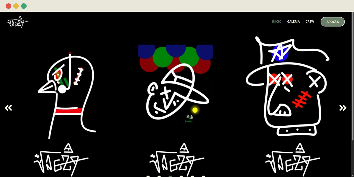 Landing page de VNGZA, artista digital, con sus piezas destacadas