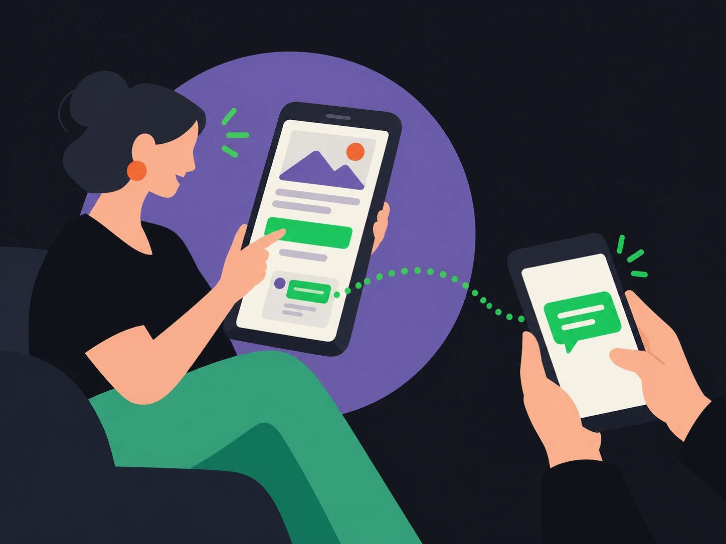 Emprendedora mostrando su landing page en el celular mientras un cliente le escribe por chat desde otro teléfono