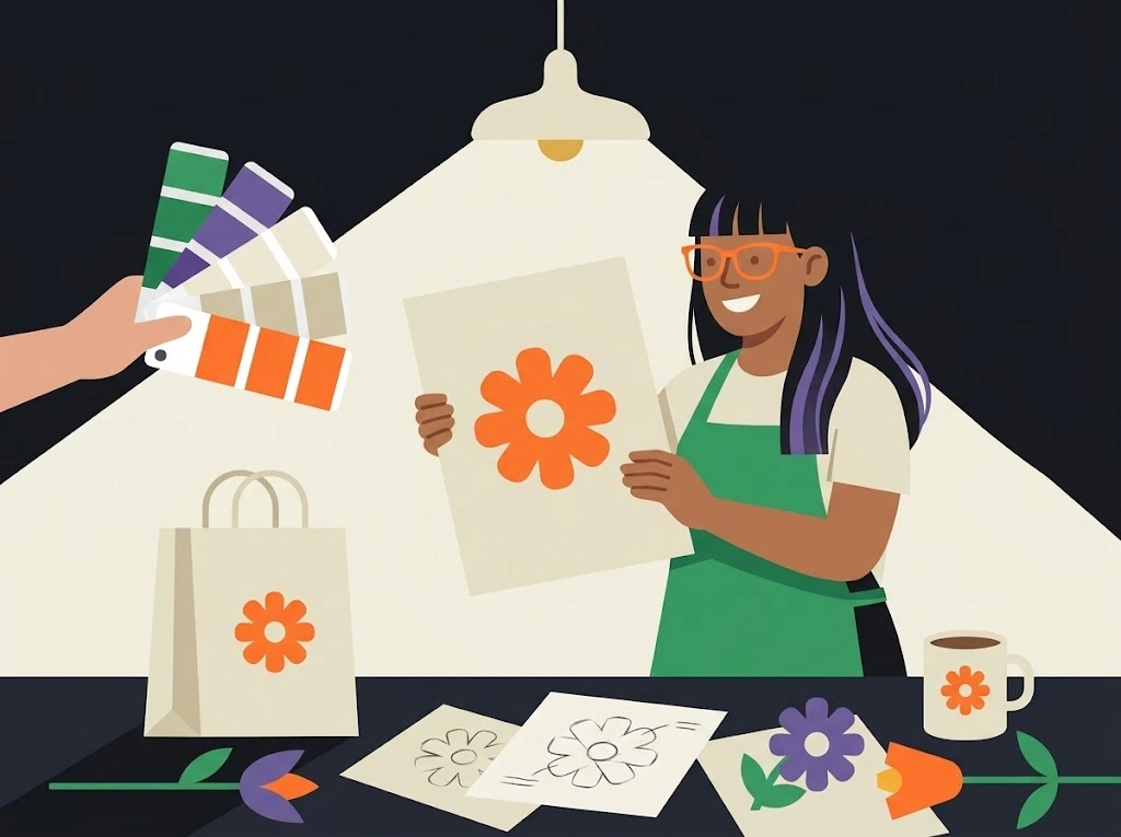 Ilustración de un cliente eligiendo entre propuestas de logo, paleta de colores y piezas gráficas para la identidad visual de su marca