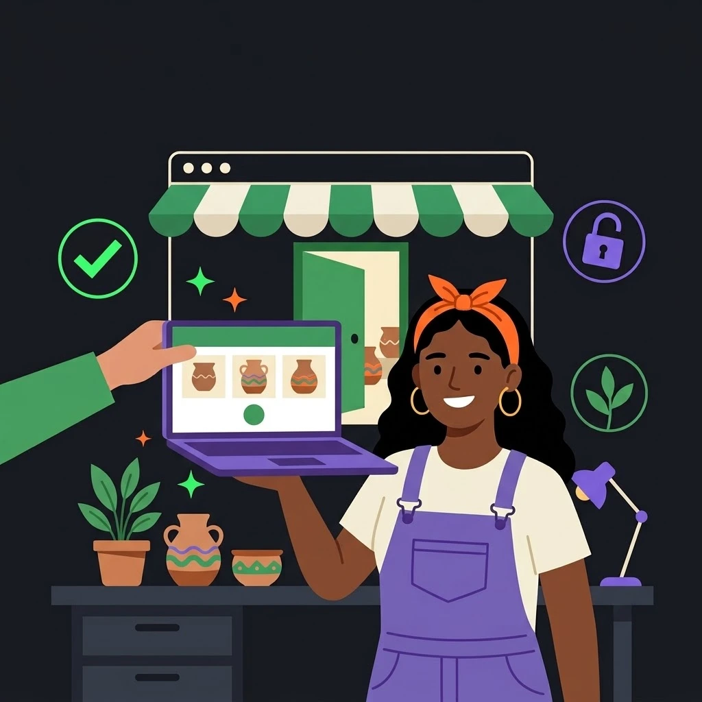 Ilustración de una emprendedora joven en su taller recibiendo una laptop con su tienda online, lista para usar y ahora de su propiedad