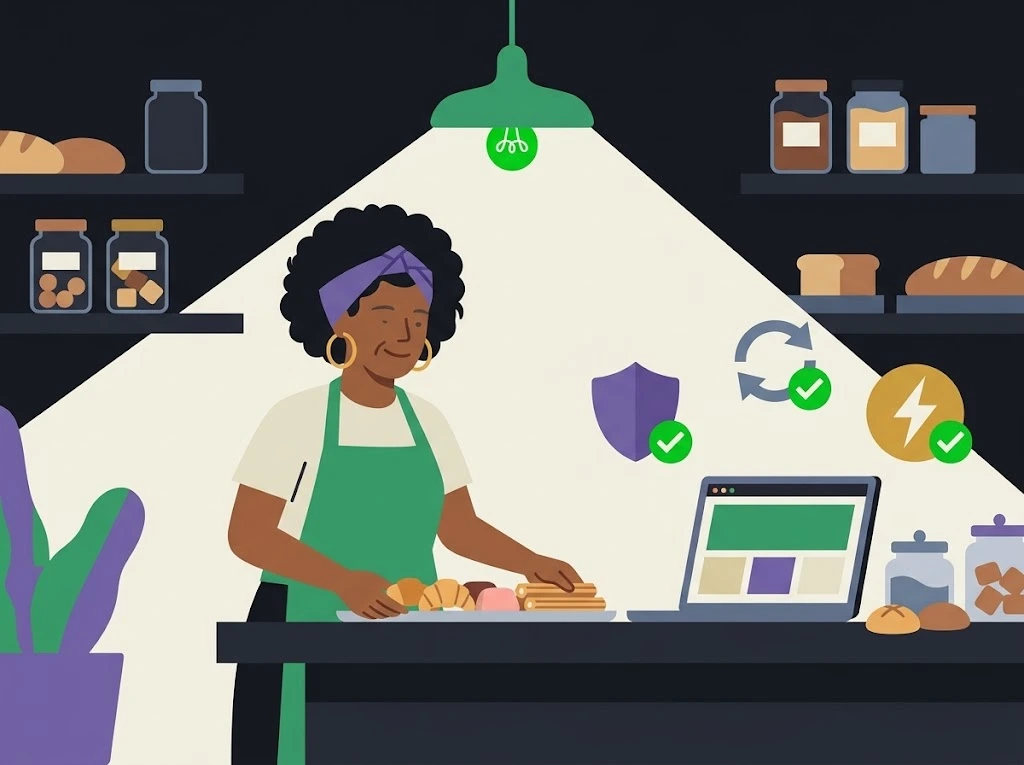 Ilustración de un cliente tranquilo con su sitio web funcionando mientras un técnico actualiza plugins, hace copias de seguridad y refuerza la seguridad