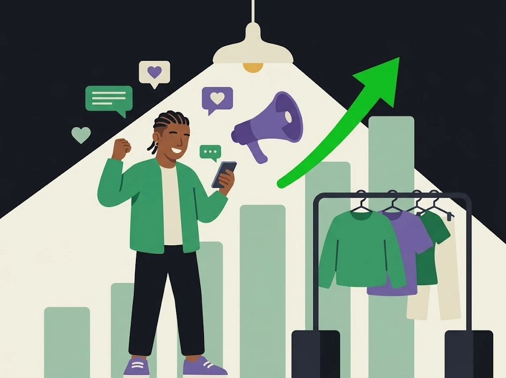 Ilustración de una emprendedora viendo crecer su marca en redes sociales con gráficos en alza, publicaciones y campañas de marketing digital