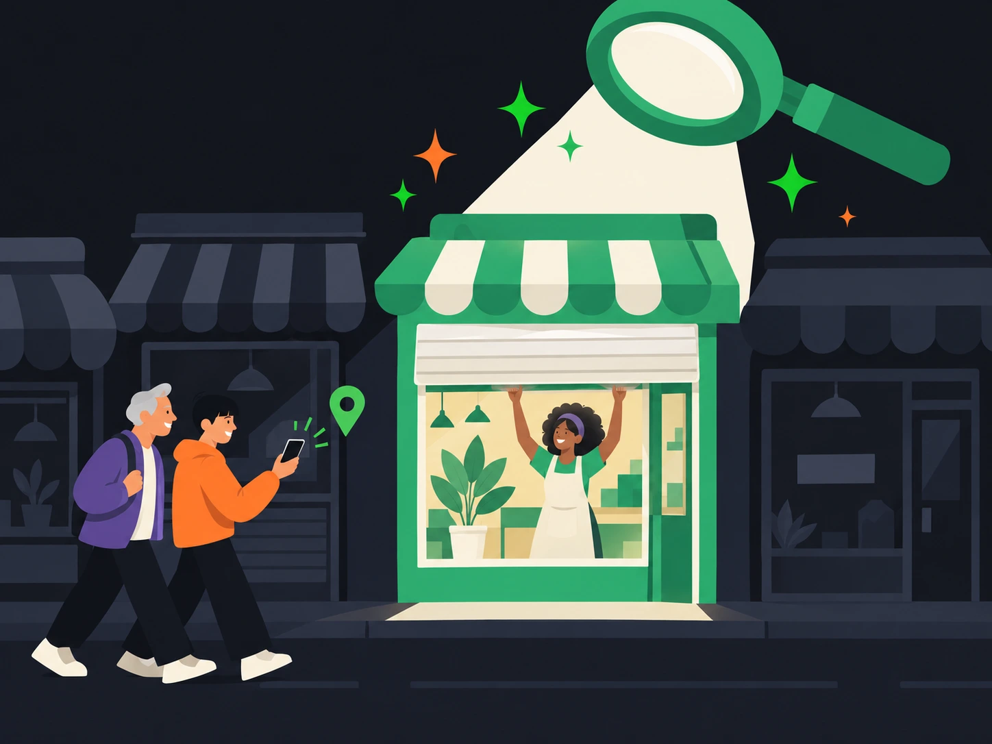 Ilustración de la dueña de un negocio abriendo su local, iluminado por una lupa gigante entre otros locales apagados, mientras llegan clientes que la encontraron en internet