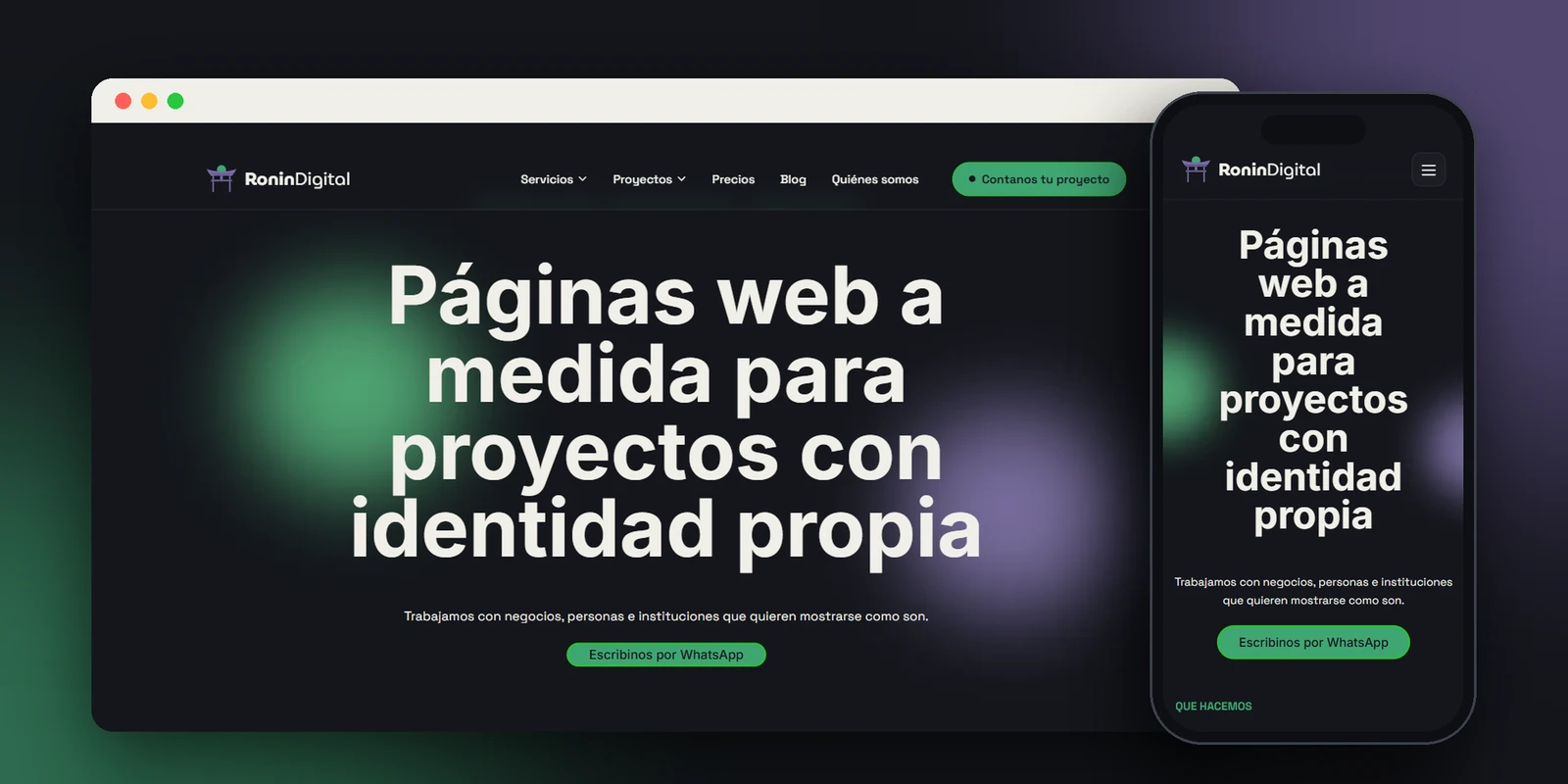 Sitio web de Ronin Digital en computadora y celular, con el título Páginas web a medida para proyectos con identidad propia