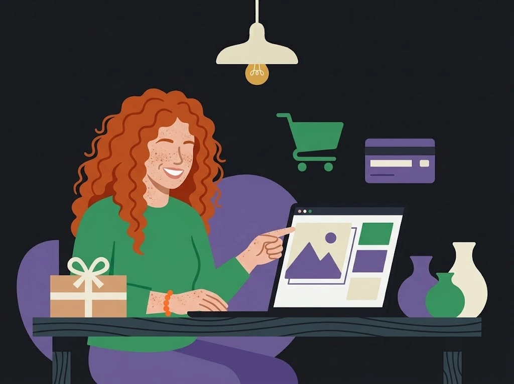 Ilustración de un cliente editando de forma autónoma el contenido de su sitio web en WordPress desde una laptop, con bloques de página ordenados
