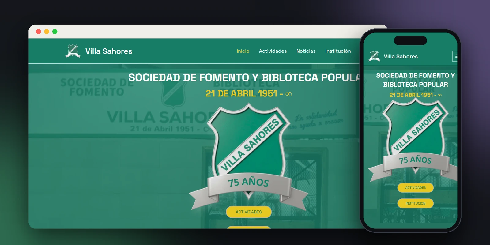 Sitio web institucional de la Sociedad de Fomento Villa Sahores en computadora y celular, con el escudo de los 75 años
