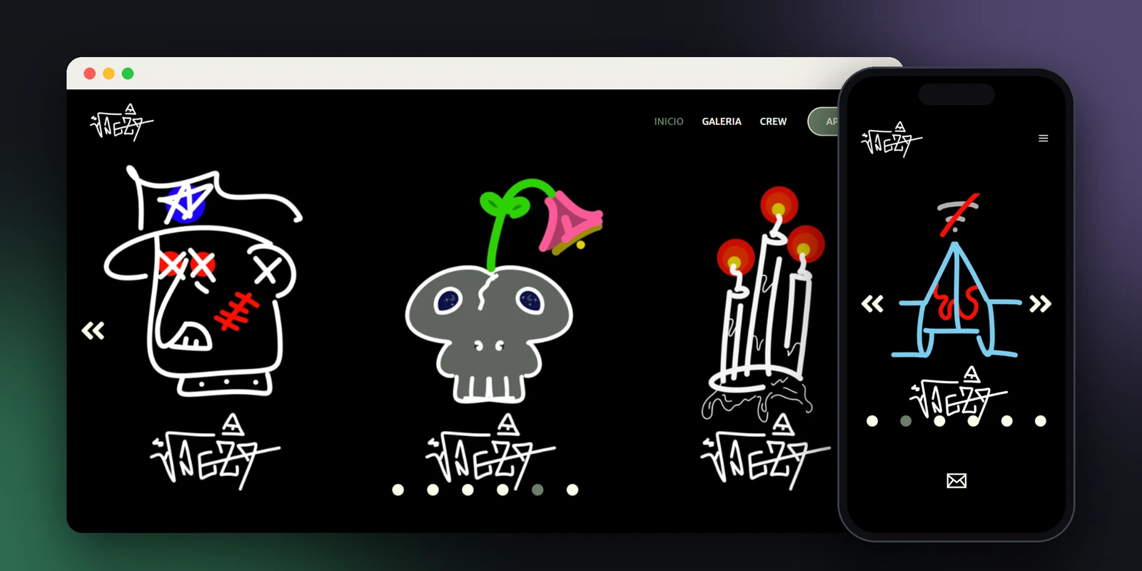 Landing page de VNGZA, artista digital, en computadora y celular con un carrusel de sus ilustraciones